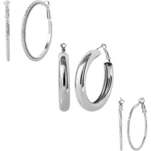 image:imageJessica Simpson Hoop Earrings for Women 3 Pairs Fashion Valentines Earrings Pack Ladies GiftsSilver Textured