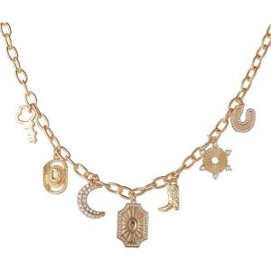 image:imageJessica Simpson Multi Pendant Charm Necklace for Women 165173 GoldTone Chunky Necklace with WesternGoldtone Lucky Western