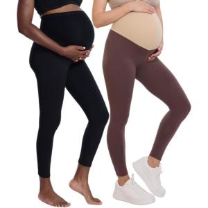 imageMotherhood Maternity Womens Essential Stretch Full Length Secret Fit Over The Belly Pregnancy Legging2 PackBlackFrench Roast
