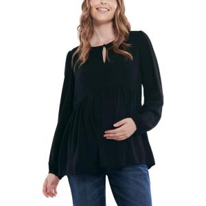 imageMotherhood Maternity Womens Long Sleeve Empire Waist Keyhole Woven Pregnancy BlouseBlack