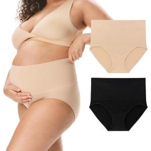 imageMotherhood Maternity Womens Seamless Postpartum Shaper Panty Belly Support Underwear 2PackCore Black Essential Nude