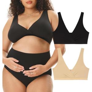 imageMotherhood Maternity Womens Soft Cotton Spandex Wrap Front Maternity ampamp Nursing Sleep Bralette Bra S3xCore BlackEssential Nude 2 Pack