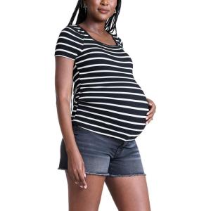 imageMotherhood Maternity Womens Square Neck Rib Knit Short Sleeve Pregnancy TopBlack  White Stripe