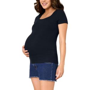 imageMotherhood Maternity Womens Square Neck Rib Knit Short Sleeve Pregnancy TopBlack
