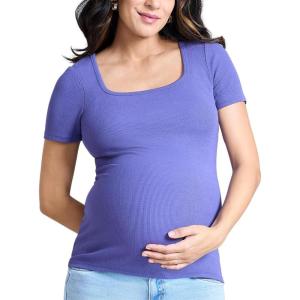 imageMotherhood Maternity Womens Square Neck Rib Knit Short Sleeve Pregnancy TopSkipper Blue