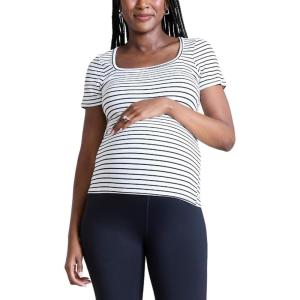 imageMotherhood Maternity Womens Square Neck Rib Knit Short Sleeve Pregnancy TopWhite  Black Stripe