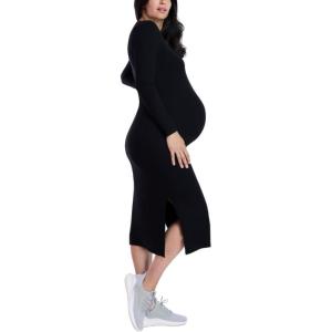 imageMotherhood Maternity Womens Long Sleeve Rib Knit Column Midi Pregnancy Bodycon DressBlack