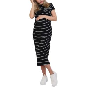 imageMotherhood Maternity Womens Mock Neck Rib Knit Pregnancy Midi Bodycon DressBlack Stripe