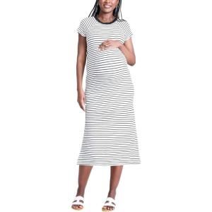 imageMotherhood Maternity Womens Raglan Sleeve Rib Knit Midi Pregnancy Bodycon DressWhite Stripe