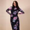 imageMotherhood Maternity Womens Long Sleeve Mesh Turtleneck Maxi Pregnancy Bodycon DressBlack Floral