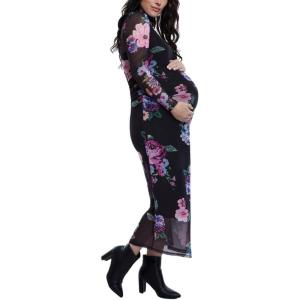 imageMotherhood Maternity Womens Long Sleeve Mesh Turtleneck Maxi Pregnancy Bodycon DressBlack Floral