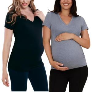 imageMotherhood Maternity Womens Short Sleeve Side Ruched VNeck Pregnancy TShirtBlack  Grey 2 Pack