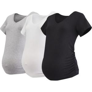 imageMotherhood Maternity Womens Short Sleeve Side Ruched VNeck Pregnancy TShirtBlack  White  Heather Grey 3 Pack