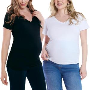 imageMotherhood Maternity Womens Short Sleeve Side Ruched VNeck Pregnancy TShirtBlack  White 2 Pack