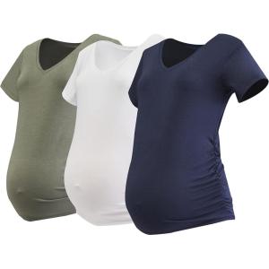 imageMotherhood Maternity Womens Short Sleeve Side Ruched VNeck Pregnancy TShirtWhite  Navy  Beetle 3 Pack