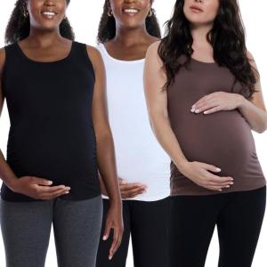 imageMotherhood Maternity Womens Sleeveless Scoop Neck Side Ruched Pregnancy Tank Top3 PackWhiteBlackFrench Roast