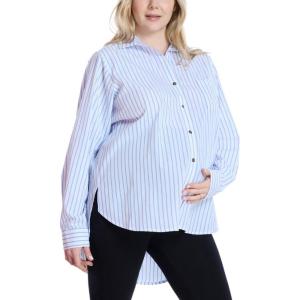 imageMotherhood Maternity Womens Button Down Poplin Long Sleeve Pregnancy ShirtWhite Blue Stripe