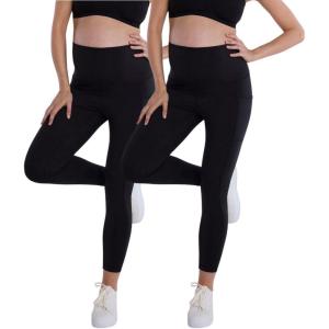 imageMotherhood Maternity Womens High Waist Over The Belly Pregnancy Workout Active Pocket Legging 2Pack23 Inch Black 2 Pack