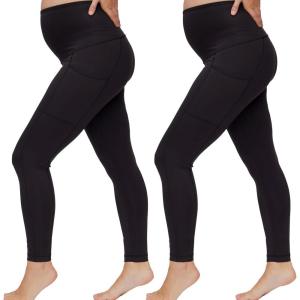 imageMotherhood Maternity Womens High Waist Over The Belly Pregnancy Workout Active Pocket Legging 2Pack26 Inch Black 2 Pack