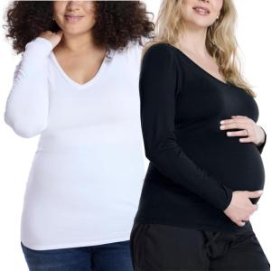 imageMotherhood Maternity Womens Long Sleeve Side Ruched VNeck Pregnancy TShirt2 PackWhiteBlack
