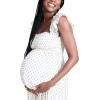 imageMotherhood Maternity Womens Sleeveless Ruffle Shoulder Smocked Maxi Pregnancy DressWhite Clip Dot
