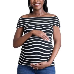 imageMotherhood Maternity Womens OffTheShoulder Rib Knit Pregnancy TopBlackWhite Stripe