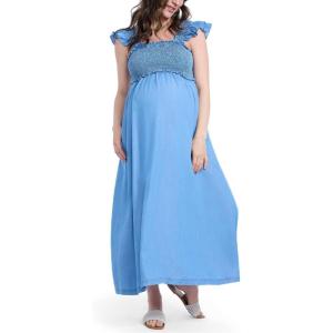 imageMotherhood Maternity Womens Sleeveless Ruffle Shoulder Smocked Maxi Pregnancy DressChambray