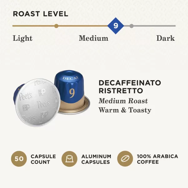 Peet's Coffee, Dark Roast Decaf Espresso Coffee Pods, Decaf Ristretto Intensity 9, 100 Count )