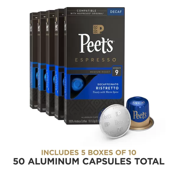 Peet's Coffee, Dark Roast Decaf Espresso Coffee Pods, Decaf Ristretto Intensity 9, 100 Count )