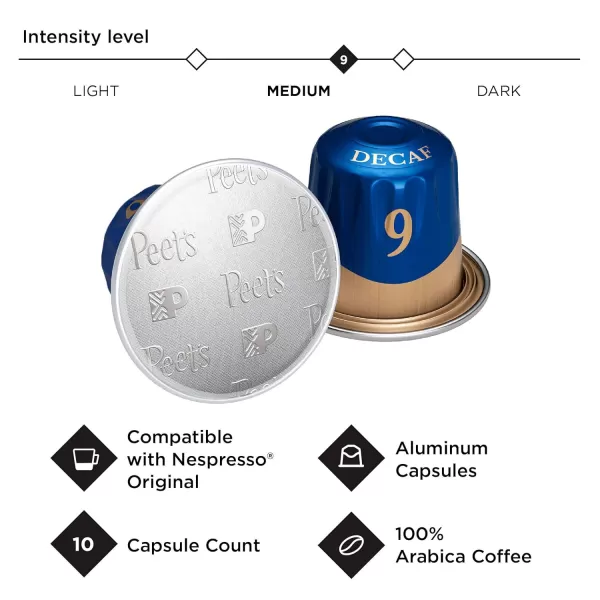 Peet's Coffee, Dark Roast Decaf Espresso Coffee Pods, Decaf Ristretto Intensity 9, 100 Count 