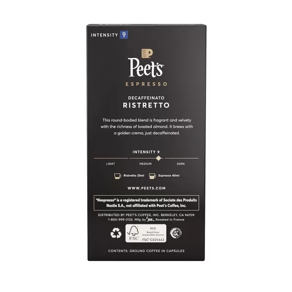 Peet's Coffee, Dark Roast Decaf Espresso Coffee Pods, Decaf Ristretto Intensity 9, 100 Count 
