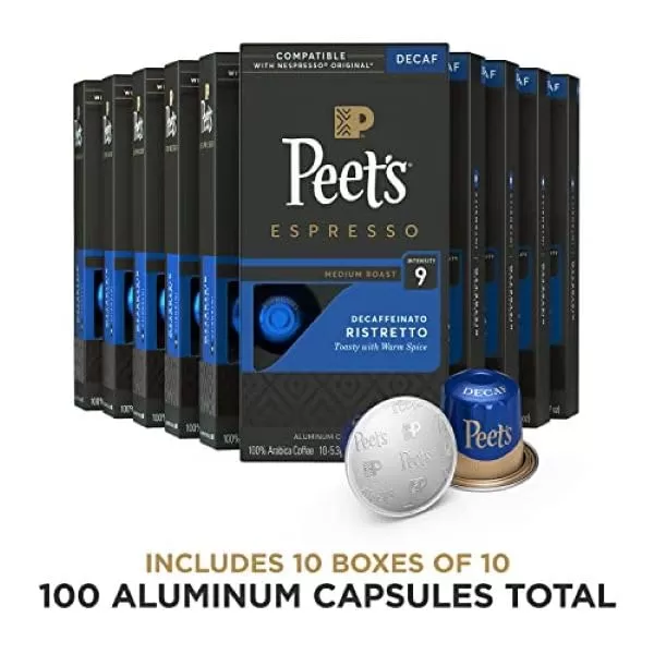 Peet's Coffee, Dark Roast Decaf Espresso Coffee Pods, Decaf Ristretto Intensity 9, 100 Count 
