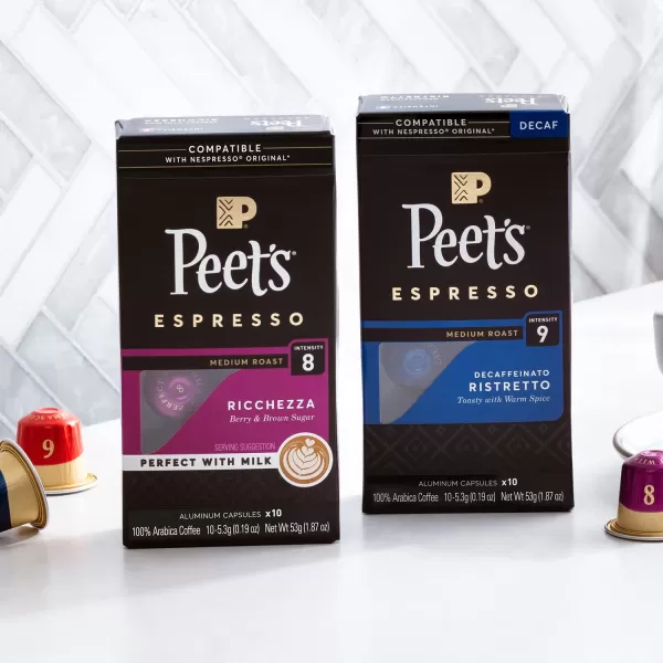 Peet's Coffee, Dark Roast Decaf Espresso Coffee Pods, Decaf Ristretto Intensity 9, 100 Count )