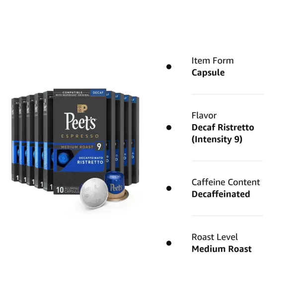 Peet's Coffee, Dark Roast Decaf Espresso Coffee Pods, Decaf Ristretto Intensity 9, 100 Count 