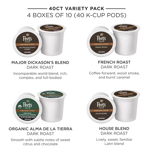 Peet's Coffee, Dark Roast Keurig Coffee Pods Variety Pack - Major Dickason's Blend, French Roast, Organic Alma De La Tierra, House Blend, 40 Count 