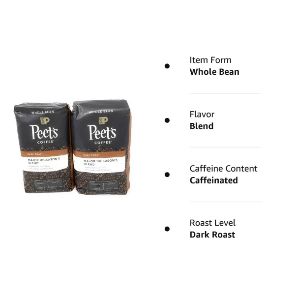 Peet's Coffee, Dark Roast Whole Bean Coffee - Major Dickason's Blend 18 Ounce Bag