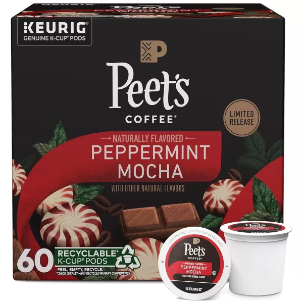 Peet's Coffee, Flavored Coffee K-Cup Pods for Keurig Brewers - Peppermint Mocha, 60 count , Light Roast