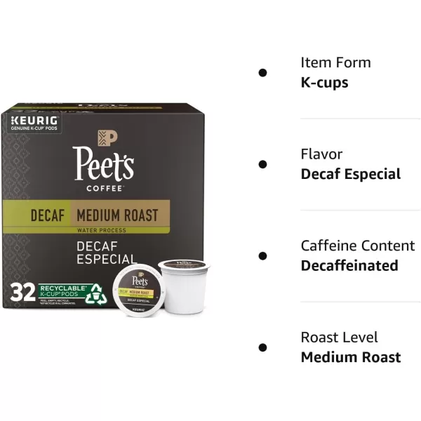 Peet's Coffee, Medium Roast Decaffeinated Coffee K-Cup Pods for Keurig Brewers - Decaf Especial 60 Count 
