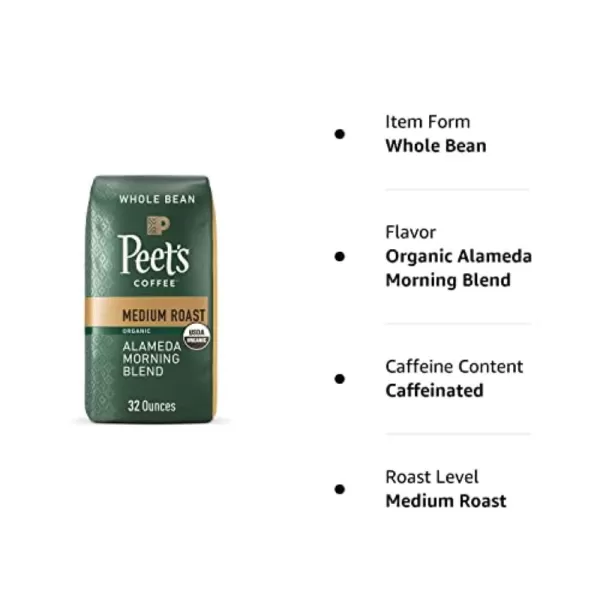 Peet's Coffee, Medium Roast Whole Bean Coffee - Organic Alameda Morning Blend 32 Ounce Bag, USDA Organic