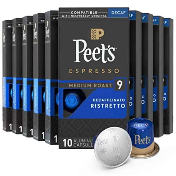 Peet's Coffee, Dark Roast Decaf Espresso Coffee Pods, Decaf Ristretto Intensity 9, 100 Count 