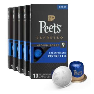 imagePeets Coffee Medium Roast Decaf Espresso Capsules Compatible with Nespresso Original Machine  Decaf Ristretto Intensity 10 100 Count 10 Boxes of 10 Espresso CapsulesDecaffeinato Ristretto Intensity 9