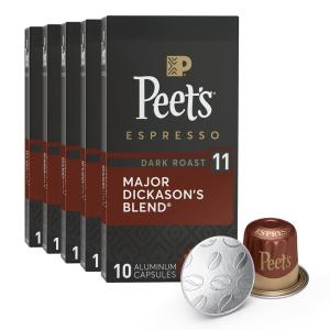 imagePeets Coffee Dark Roast Espresso Capsules Compatible with Nespresso Original Machines  Major Dickasons Blend Intensity 11 50 Count 5 Boxes of 10 Espresso Capsules