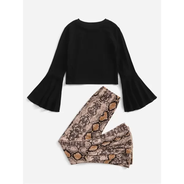 WDIRARA Girl's 2 Piece Flounce Sleeve Top and Leopard Print Flare Leg Pants Set
