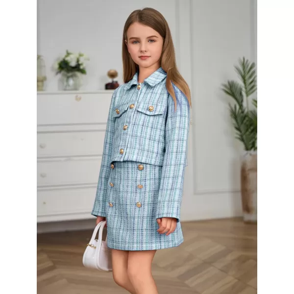 WDIRARA Girl's 2 Piece Outfits Button Front Long Sleeve Tweed Jacket and Skirt Set