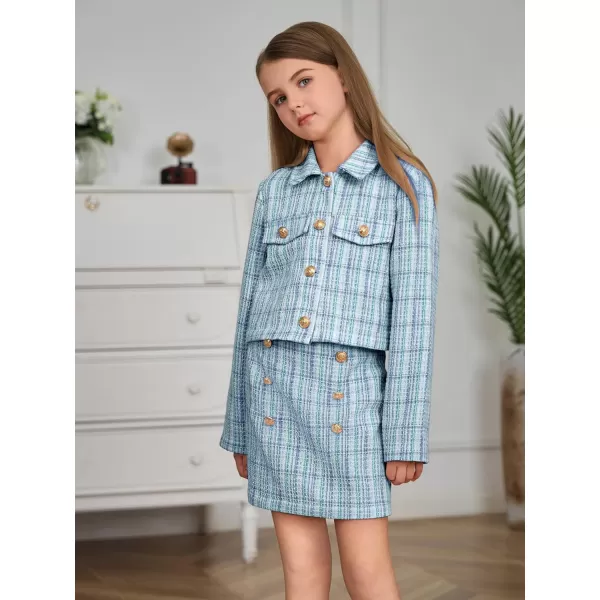 WDIRARA Girl's 2 Piece Outfits Button Front Long Sleeve Tweed Jacket and Skirt Set