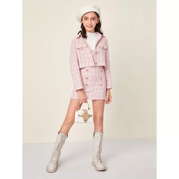 WDIRARA Girl's 2 Piece Outfits Button Front Long Sleeve Tweed Jacket and Skirt Set