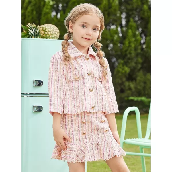 WDIRARA Girl's 2 Piece Outfits Button Front Long Sleeve Tweed Jacket and Skirt Set