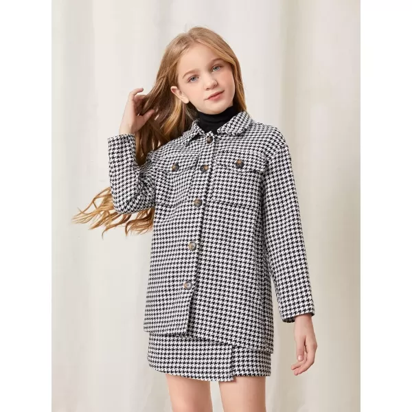 WDIRARA Girl's 2 Piece Outfits Button Front Long Sleeve Tweed Jacket and Skirt Set