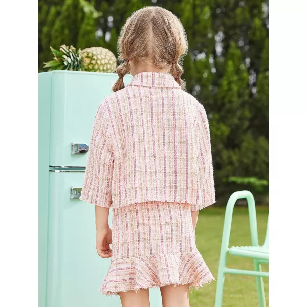 WDIRARA Girl's 2 Piece Outfits Button Front Long Sleeve Tweed Jacket and Skirt Set