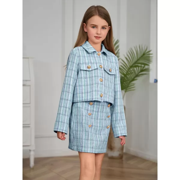 WDIRARA Girl's 2 Piece Outfits Button Front Long Sleeve Tweed Jacket and Skirt Set